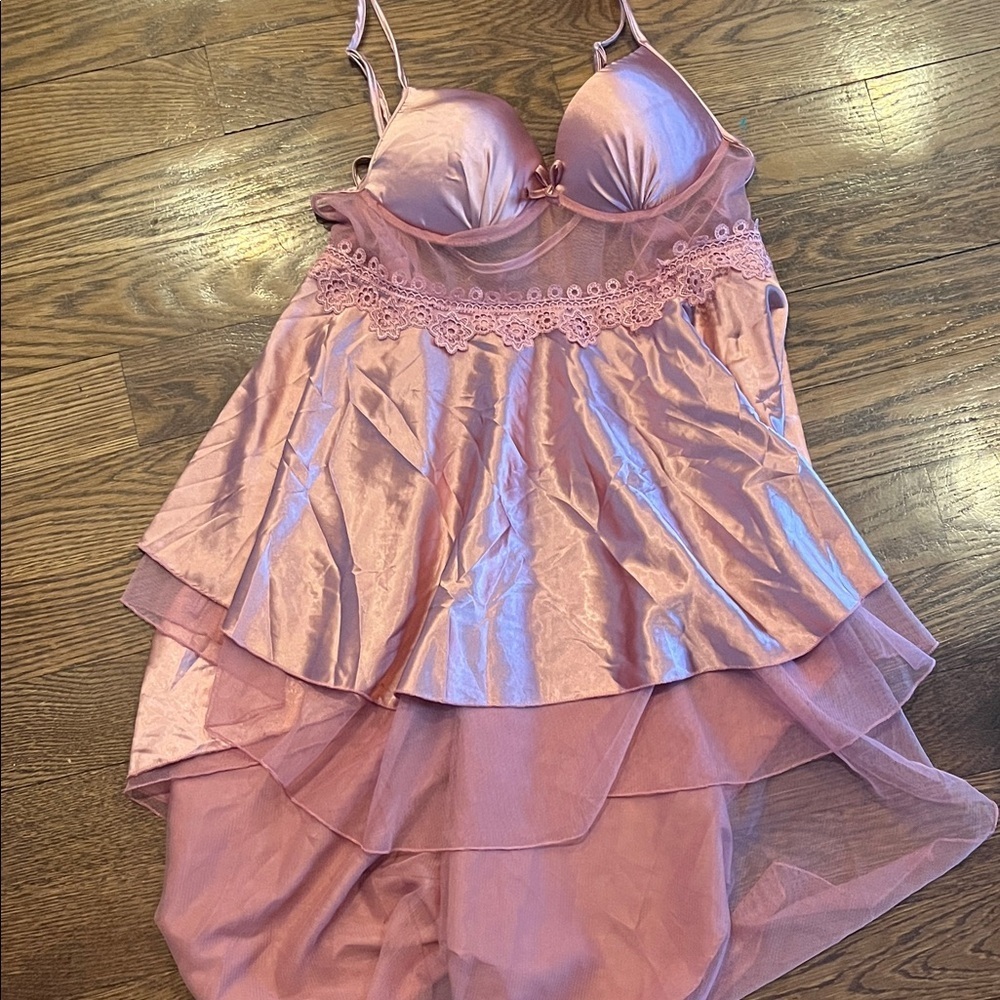 Women's Pink Satin & Lace Babydoll Chemise M